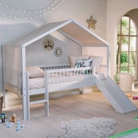 Lit cabane Forrest - 90 x 200cm - avec toboggan et voile - bois hêtre - blanc