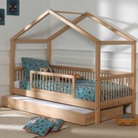 Lit cabane Forrest 90x200cm avec barrière et lit gigogne - bois de hêtre 