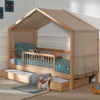 Lit maison Forrest 90x200 avec lit gigogne, barrière de lit et tente de lit - bois de hêtre/rose