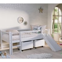 Lit mi-hauteur Forrest - 90 x 200cm - avec toboggan et rangement - bois hêtre massif - blanc