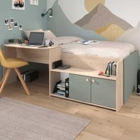 Lit pour enfants Jada - 90x200cm - avec bureau et rangement - décor chêne/vert céladon