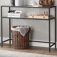 Table console moderne avec structure en acier et étagères en verre trempé, pour salon/entrée