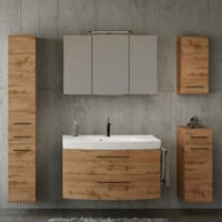 Ensemble de salle de bains Manchester | Meuble lavabo, armoire colonne, armoire de toilette avec éclairage, armoire murale, armoire latérale | Chêne Wotan