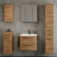Ensemble de salle de bains Manchester | Meuble lavabo, armoire colonne, armoire de toilette avec éclairage, armoire murale, armoire latérale | Chêne Wotan