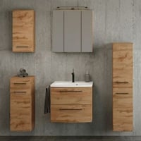 Ensemble de salle de bains Manchester | Meuble lavabo, armoire colonne, armoire de toilette avec éclairage, armoire murale, armoire latérale | Chêne Wotan
