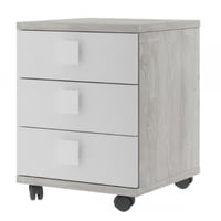 Table de chevet Bo0 avec roulettes, 3 tiroirs et poignée carrée - pin/blanc
