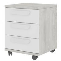 Table de chevet Bo0 avec roulettes, 3 tiroirs et poignée oblongue - pin/blanc