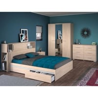 Ensemble de chambre à coucher Ekko | Lit double, tête de lit avec rangement, table de chevet, armoire, commode | Design en chêne