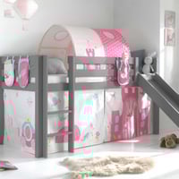 Lit mi-hauteur avec toboggan Astrid avec tente et tunnel de lit et sacs de rangement Princess II - gris