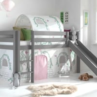 Lit mi-hauteur avec toboggan Astrid avec tente et tunnel de lit Birdy - gris
