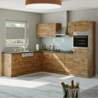 Kitchenette forme L Sorrella 270cm avec four, lave-vaisselle et réfrigérateur - chêne