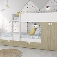 Lit superposé Jip avec armoire et tiroirs - chêne/blanc/blanc 