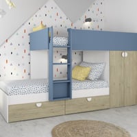 Lit superposé Jip avec armoire et tiroirs - chêne/blanc/bleu