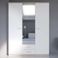 Armoire Seliena 3 portes tournantes, 1 tringle, 4 étagères et 2 tiroirs-Chêne brossé/blanc mat