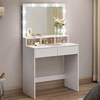 Coiffeuse avec 9 ampoules LED, miroir, 2 tiroirs, 3 compartiments ouverts