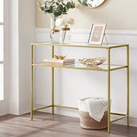 Table console or - Moderne 2 étagères en verre trempé avec cadre métallique et pieds réglables