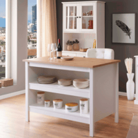 Îlot de cuisson Julina | Plateau en chêne massif | 124 x 75 x 91,5 cm | Couleur : Blanc