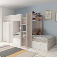 Lit superposé Beau 90x190 cm avec armoire & tiroirs - pin/blanc