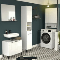 Salle de bains Glam: armoire colonne, meuble sous-vasque, miroir, meuble lave-linge - blanc brillant