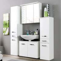 Salle de bains Bobbi: 2x armoire colonne, meuble sous-vasque, armoire de toilette - blanc brillant