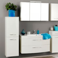 Salle de bains Florent: armoire colonne, armoire de toilette, meuble évier - blanc brillant