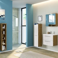 Salle de bain Gene: étagère, armoire de toilette, meuble évier, colonne - chêne/blanc brillant