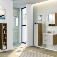 Salle de bain Gene: étagère, armoire de toilette, meuble évier, colonne - chêne/gris clair
