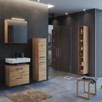 Salle de bains Malvo: armoire de toilette, meuble évier, colonne, étagère - chêne