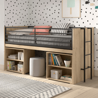 Lit mi-hauteur Sammie 90x200cm - avec bureau et bibliothèques - décor chêne