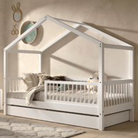 Lit cabane Forrest 90x200cm avec barrière et lit gigogne - bois de hêtre blanc