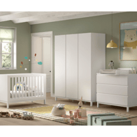 Chambre bébé Eva: lit bébé 60x120cm, commode avec planche à langer, armoire - blanc