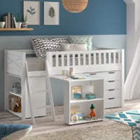 Ensemble de chambre d'enfant Scott - Lit semi-haut, commode, bureau et bibliothèque - Blanc 