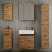 Ensemble de salle de bains Manchester | Meuble lavabo, armoire colonne, armoire de toilette avec éclairage, armoire murale, armoire latérale | Chêne Wotan