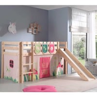 Lit mi-hauteur avec toboggan Astrid avec tente et sacs de rangement Spring - bois de pin