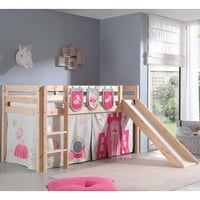 Lit mi-hauteur avec toboggan Astrid avec tente et sacs de rangement Princess II - bois de pin