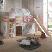 Lit mi-hauteur avec toboggan Astrid avec tente et tunnel de lit et sacs de rangement Birdy - bois de pin