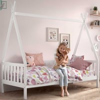 Lit tipi avec barrière 90x200cm - avec sommier - bois de pin massif - blanc