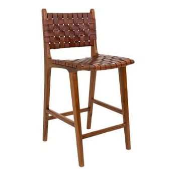Chaise de comptoir Pérouse en cuir brun avec pieds en bois de teck
