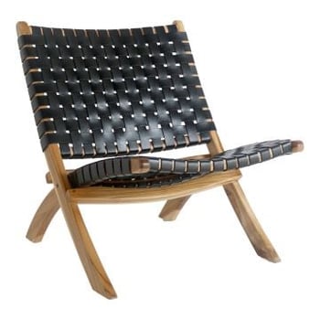 Chaise pliante Pérouse - Cuir noir avec pieds en teck