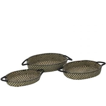 Set 3 paniers oval anses paille naturel/noir