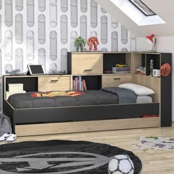 Lit adolescent avec tiroir de lit et rangement Erwan | 90 x 200 cm | Châtaignier design