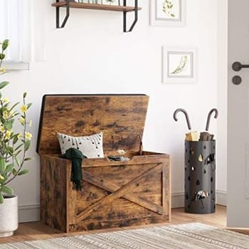 Banc à chaussures rustique marron avec assise coussinée et rangement