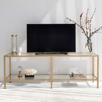 Locelso Meuble TV | 100% Verre trempé | Epaisseur 4mm | Cadre 100% Métal | Nombreuses étagères | Or