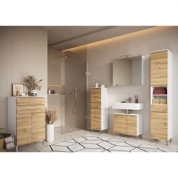 Ensemble de salle de bain Torres | Meuble lavabo, miroir mural avec éclairage, meuble colonne, meuble latéral et meuble multifonctions | Décor chêne