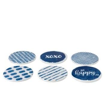 Boite de 6 sous-verre imprimes porcelaine bleu/blanc