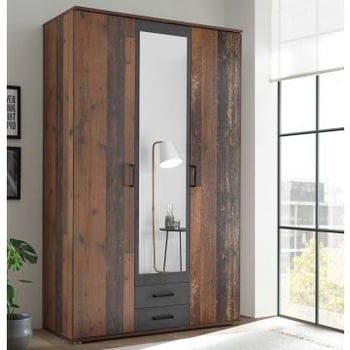 Armoire à vêtements Ellis 120cm à 3 portes & 2 tiroirs - vieux style/béton