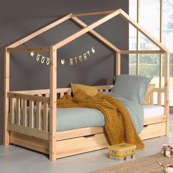 Lit cabane Dallas 2 90x200 avec tiroir de lit - bois pin