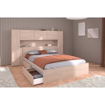 Ensemble de chambre Ekko: lit 140x190cm avec tiroirs et pont de lit - chêne