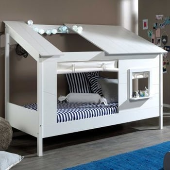 Lit cabane Lio 90x200 avec rideaux - blanc 