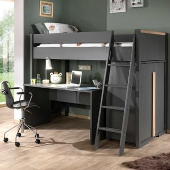 Lit mezzanine London 90x200 avec armoire et bureau - anthracite